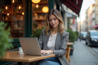 Jeune femme élégante sur un café urbain avec ordinateur