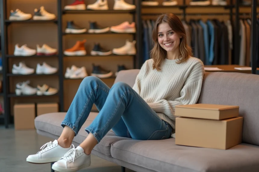 Jeune femme souriante essayant des sneakers dans une boutique de chaussures