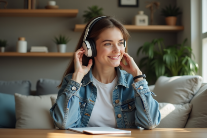 Jeune femme en détente avec casque audio dans un salon cosy