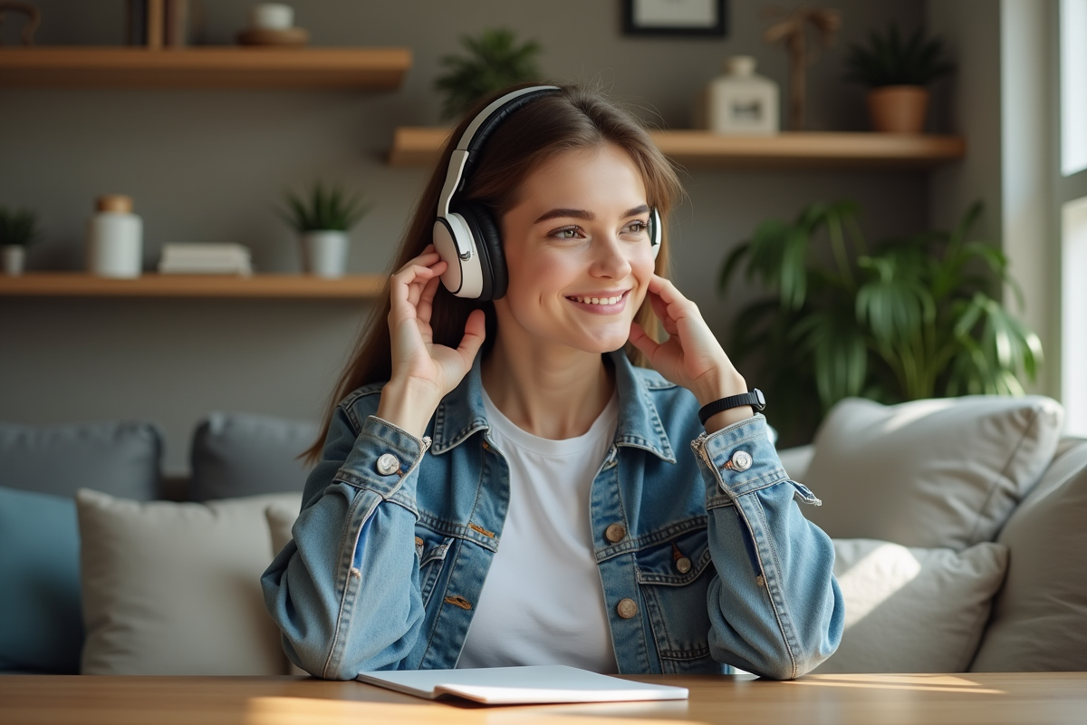 Jeune femme en détente avec casque audio dans un salon cosy
