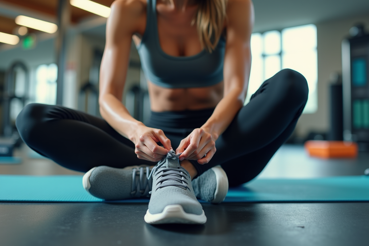 Jeune femme nouant ses chaussures de sport dans une salle de fitness