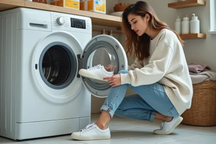 Jeune femme examine des sneakers blancs dans la buanderie