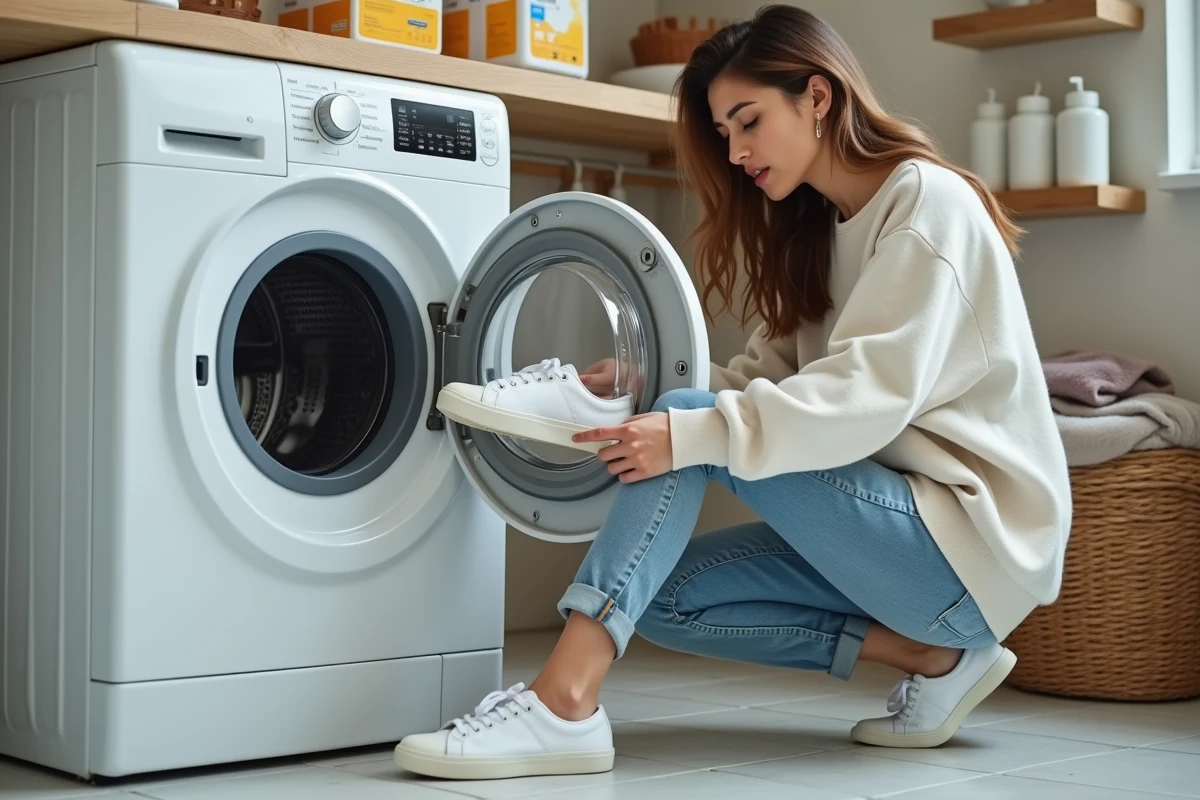 Jeune femme examine des sneakers blancs dans la buanderie