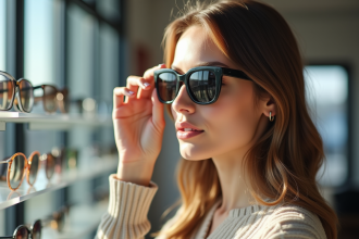 Jeune femme essayant des lunettes de soleil modernes dans un magasin lumineux