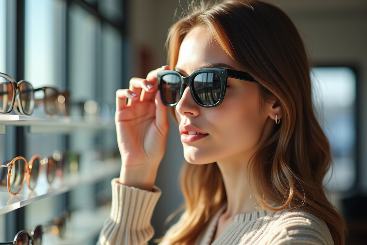 Jeune femme essayant des lunettes de soleil modernes dans un magasin lumineux