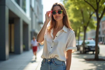 Jeune femme souriante portant lunettes de soleil en ville
