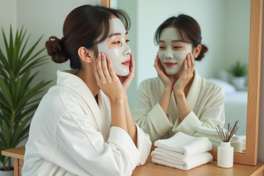 Jeune femme coréenne appliquant un masque facial dans sa chambre