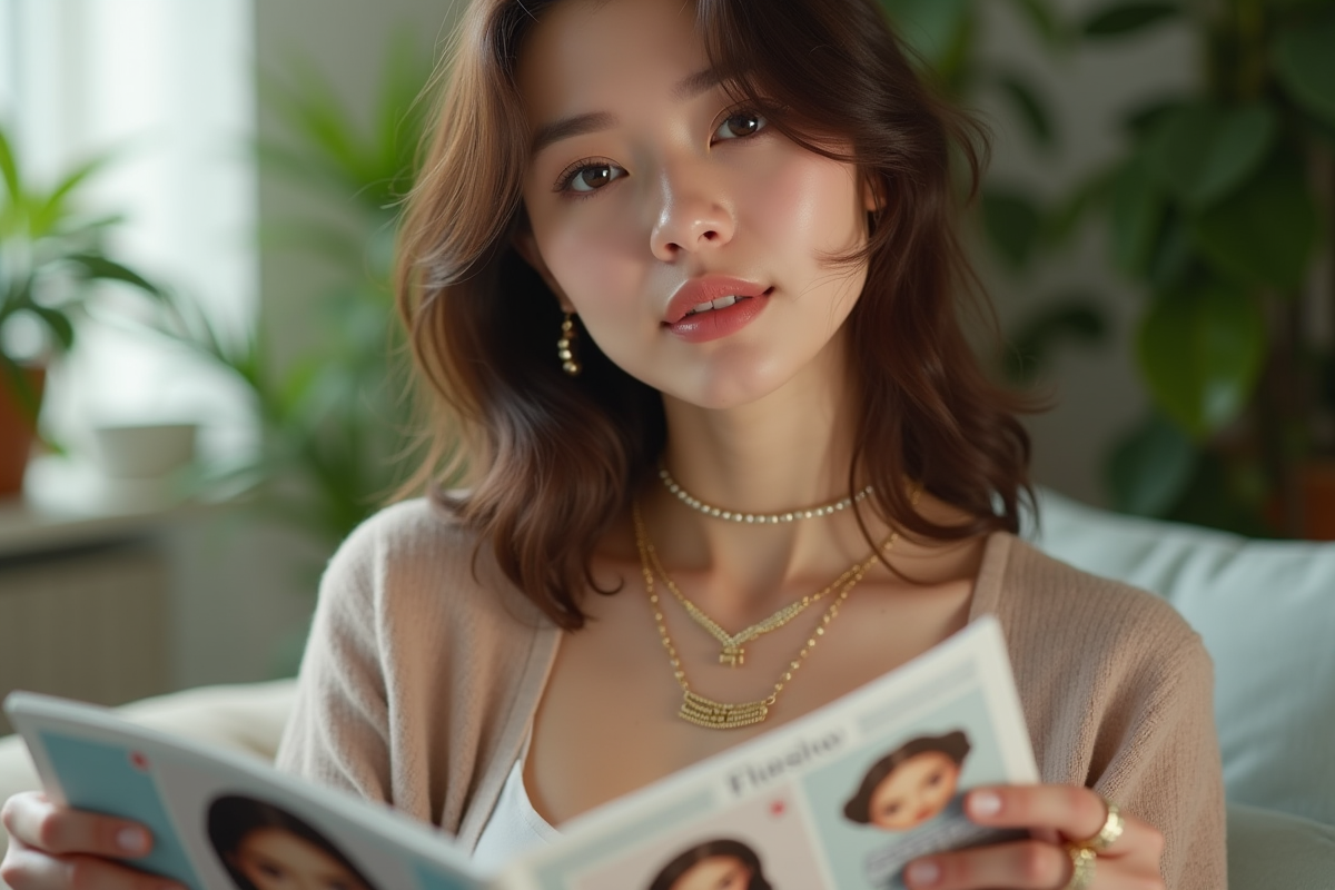 Jeune femme portant bijoux tendance dans un intérieur cosy