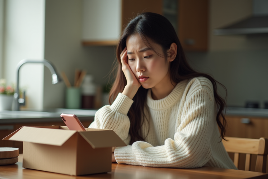 Jeune femme déçue regardant son smartphone à la cuisine