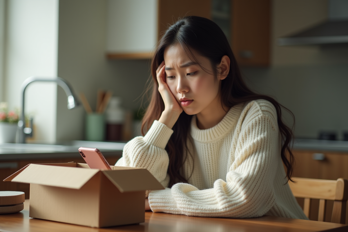 Jeune femme déçue regardant son smartphone à la cuisine