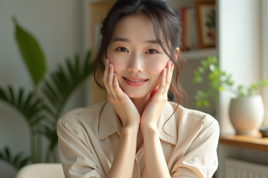 Jeune femme coréenne appliquant une essence visage