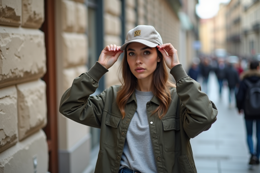 Jeune femme urbaine ajustant son casquette casual