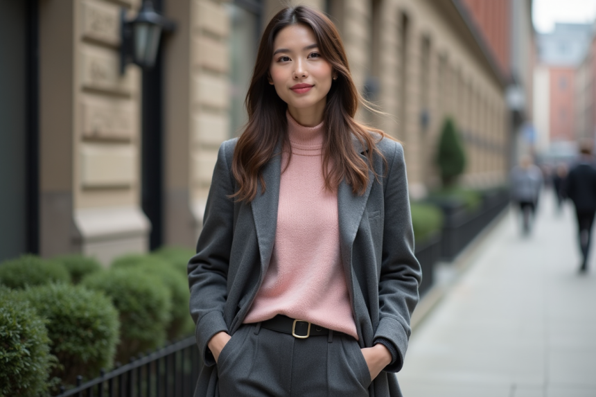 Jeune femme élégante en ville avec manteau gris et sourire