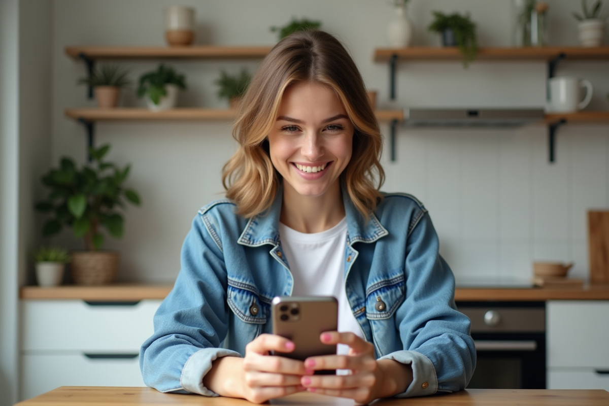 Jeune femme essayant des lunettes virtuellement à la maison