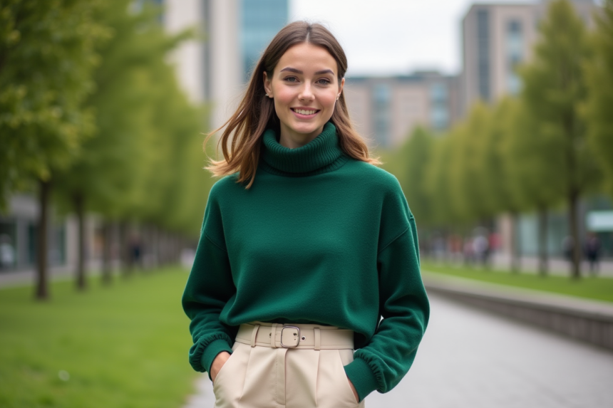 Jeune femme élégante dans un parc urbain avec pull vert émeraude