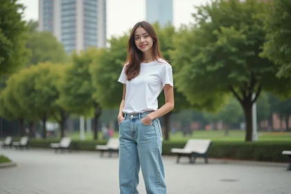 Jeune femme souriante en jeans d&eacute;contract&eacute;s dans un parc urbain