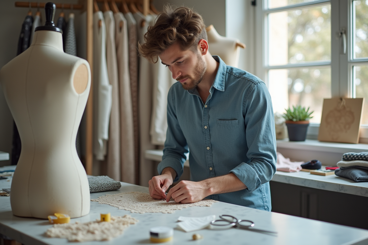 Jeune homme en atelier cousu avec outils et tissus