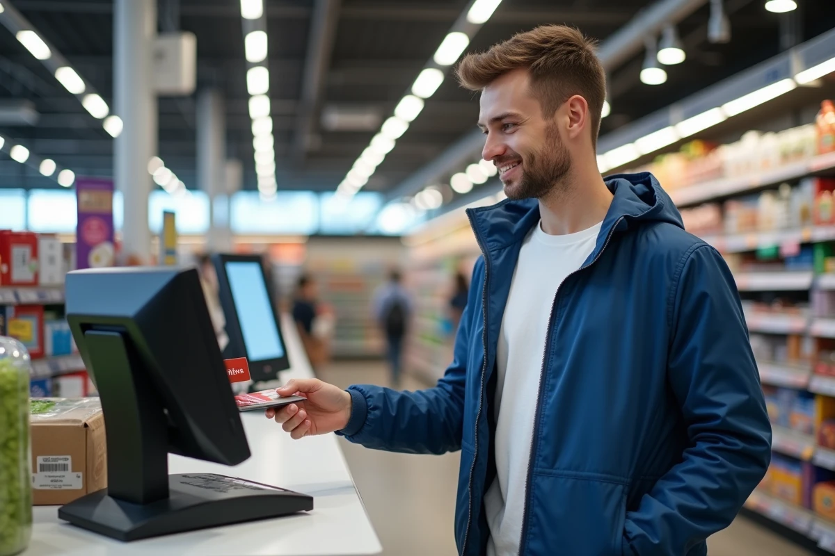 Jeune homme scannant sa carte au selfcheckout du supermarche