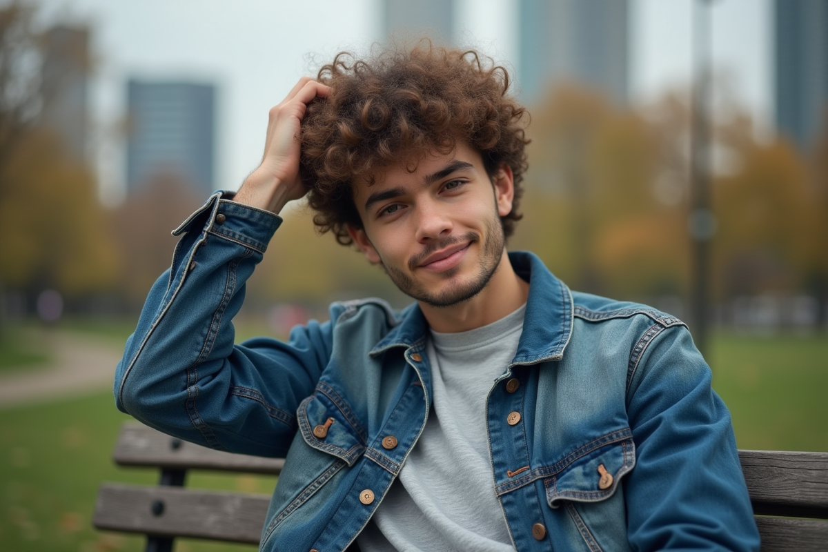 Jeune homme aux cheveux bouclés dans un parc urbain