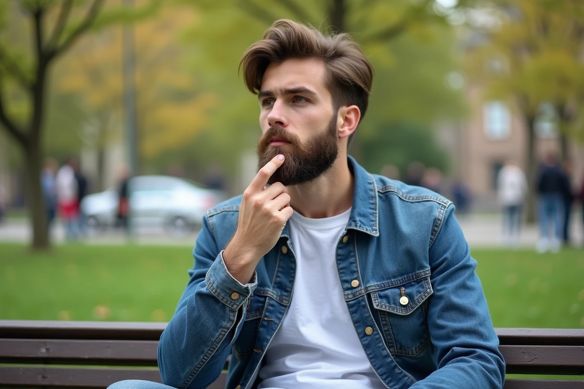 Jeune homme en jean dans un parc en train de toucher sa barbe