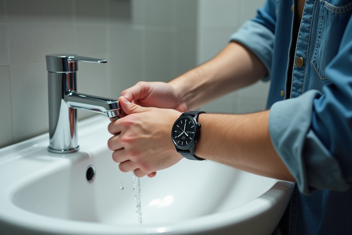 Jeune homme nettoyant son bracelet de montre dans la salle de bain