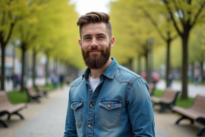 Jeune homme en denim dans un parc urbain au printemps