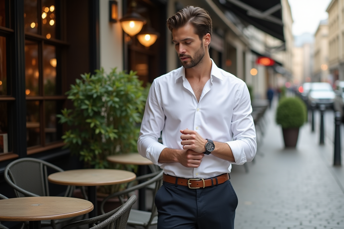 Jeune homme ajustant sa montre dans un café urbain