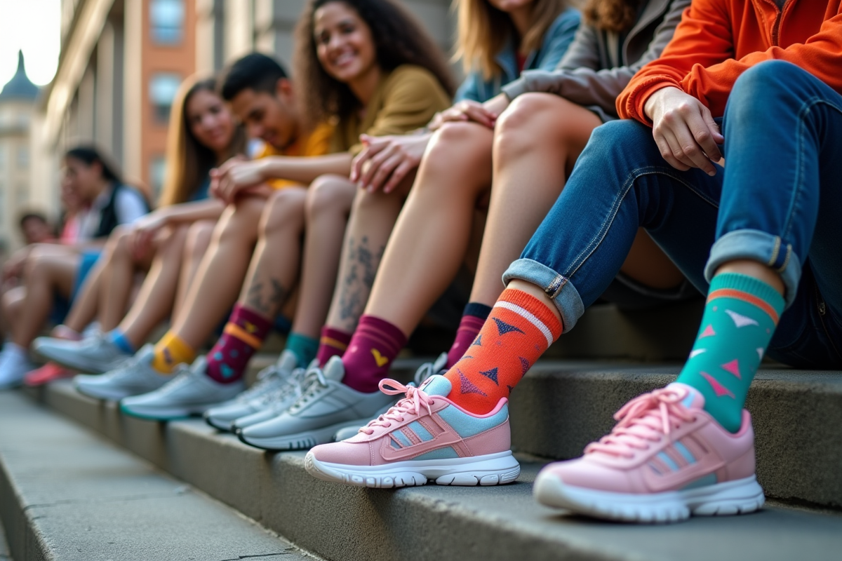 Groupe de jeunes adultes en chaussettes colorées en ville
