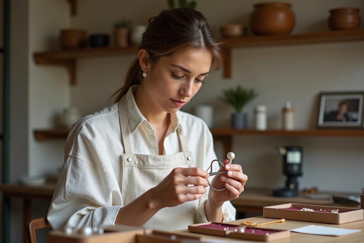 Joaillière experte examinant une perle de Tahiti au loupe dans son atelier artisanal