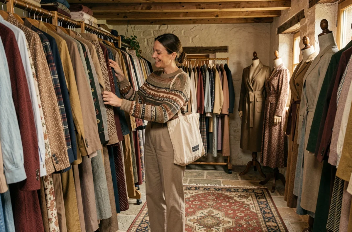 Joema Friperie à Bourron-Marlotte avec une cliente souriante parcourant des vêtements vintage dans un cadre rural chaleureux