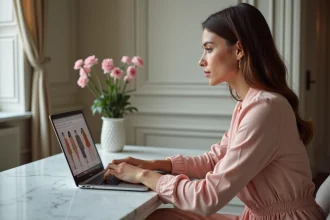 Jeune femme élégante consultant la boutique en ligne JOHANNA Paris sur un laptop depuis un appartement parisien chic
