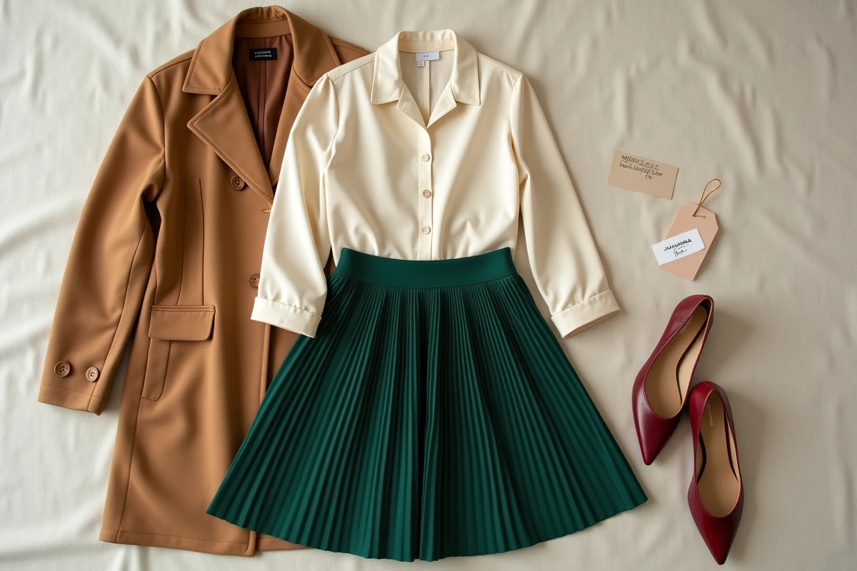 Flat lay élégant de vêtements femme JOHANNA Paris à petit prix incluant manteau camel blouse soie et jupe plissée