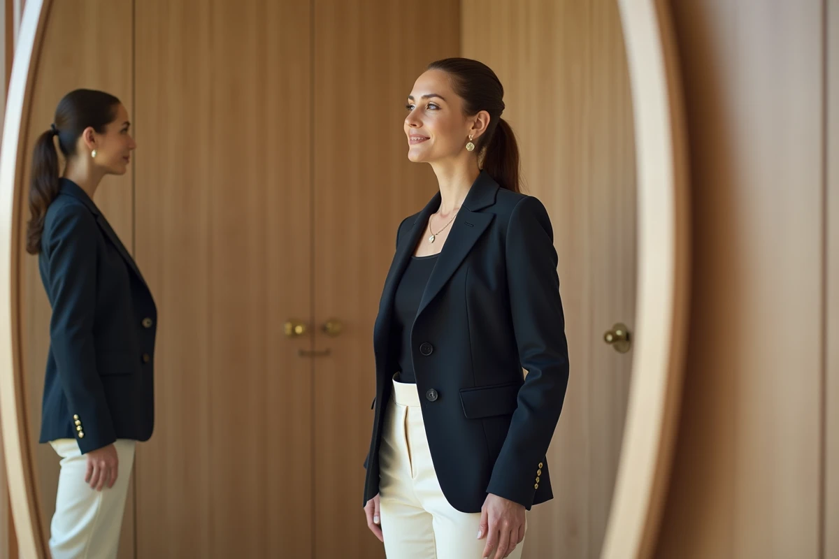 Femme essayant une tenue élégante blazer et pantalon dans une cabine d'essayage chic de boutique parisienne