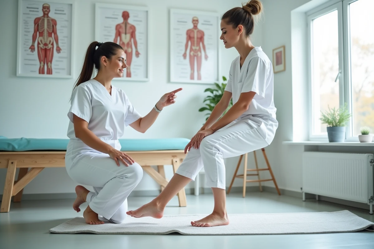 Kinésithérapeute expliquant le bon alignement postural pour marcher avec des talons à une patiente en cabinet de rééducation