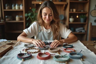 Jeune femme assemblant des bracelets faits main colorés sur une table en bois avec des perles, fils et breloques