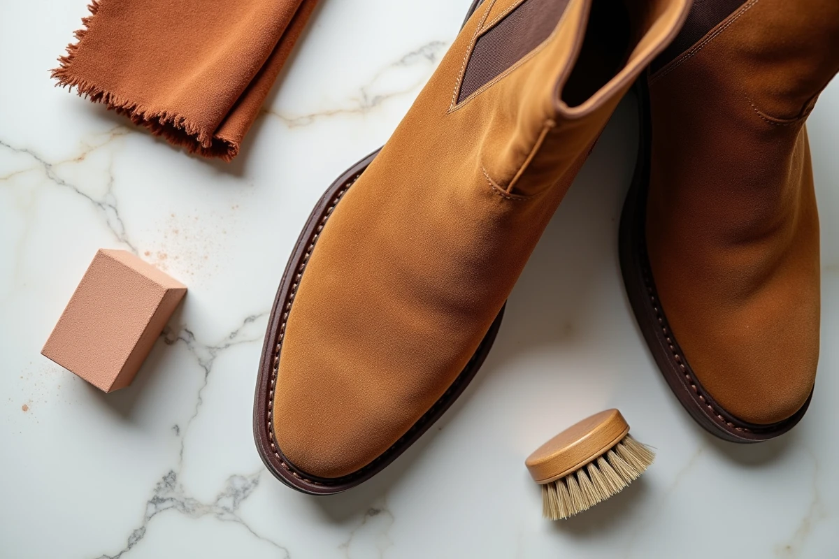 Gros plan sur des Chelsea boots en daim marron posées sur du marbre blanc avec une gomme, une brosse et un chiffon pour l'entretien du daim