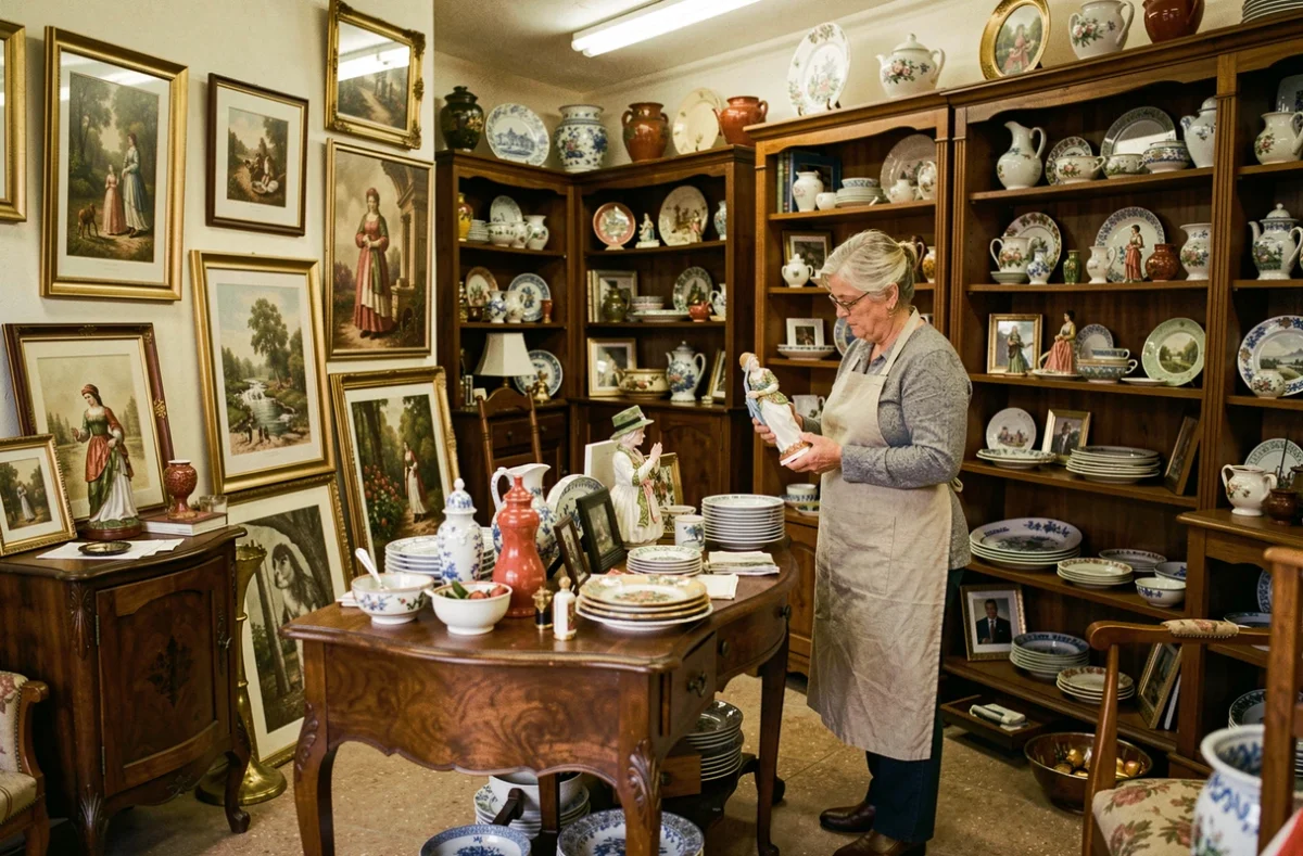 Intérieur de La Brocante de Madame à La Roche-sur-Yon avec des meubles vintage et des objets de décoration anciens