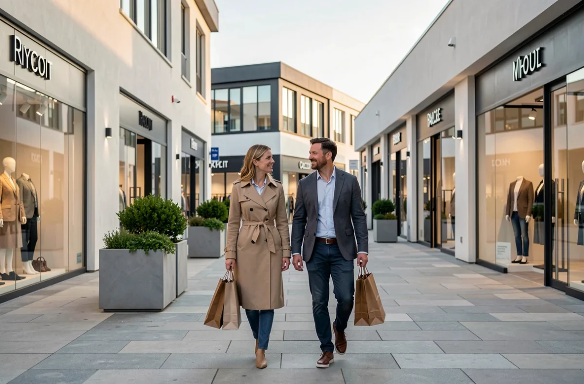 La Vallée Village à Serris avec un couple faisant du shopping dans ce village outlet dédié à la mode et à la seconde main haut de gamme