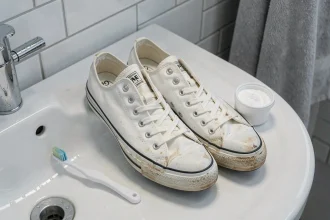 Paire de Converse blanches posées sur le bord d'un lavabo avec une brosse à dents et du bicarbonate de soude pour le nettoyage