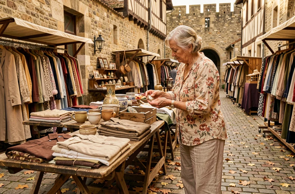 Le Jardin du Châtel à Provins avec un marché de brocante et fripes en plein air devant les vieilles pierres médiévales