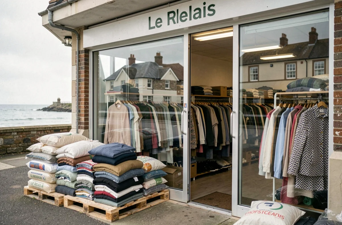 Boutique Le Relais aux Sables-d'Olonne avec des vêtements recyclés triés sur des portants et des dons textiles près de l'entrée