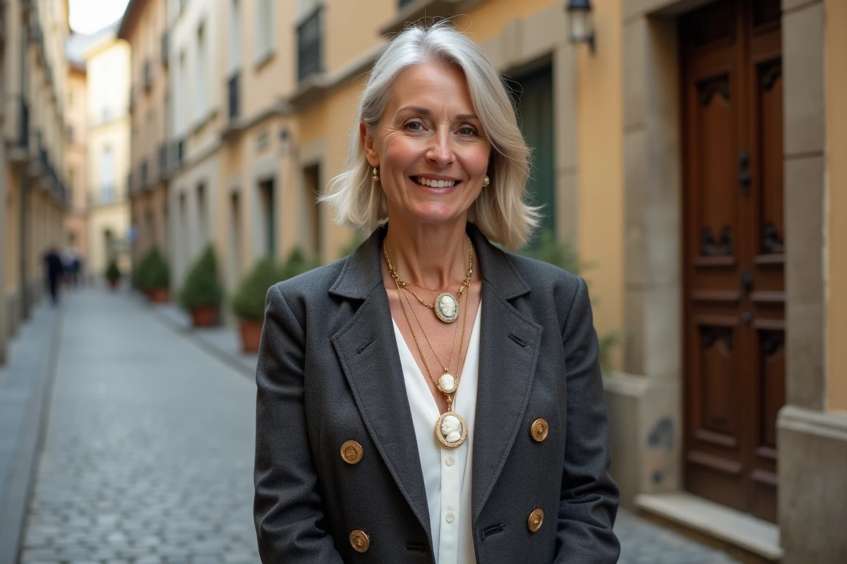 Femme mature arborant plusieurs pendentifs camée superposés avec un blazer en laine grise dans une rue pavée française