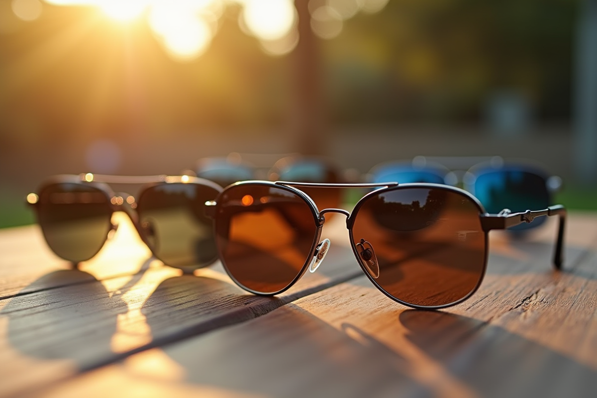 Gamme de lunettes de soleil haut de gamme sur une table en bois en extérieur