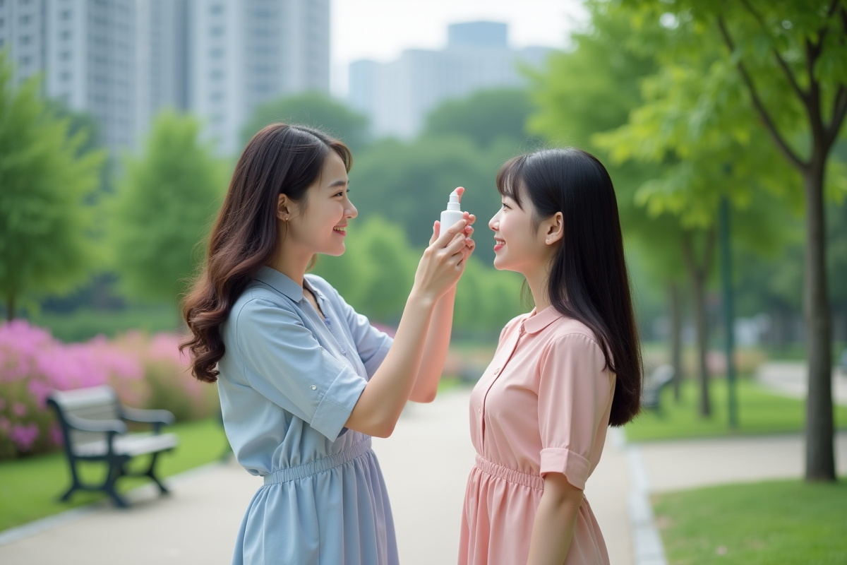 Maman et fille coréennes dans un parc urbain
