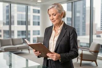 Mannequin senior femme aux cheveux argentés en agence de mannequinat, consultant un portfolio professionnel