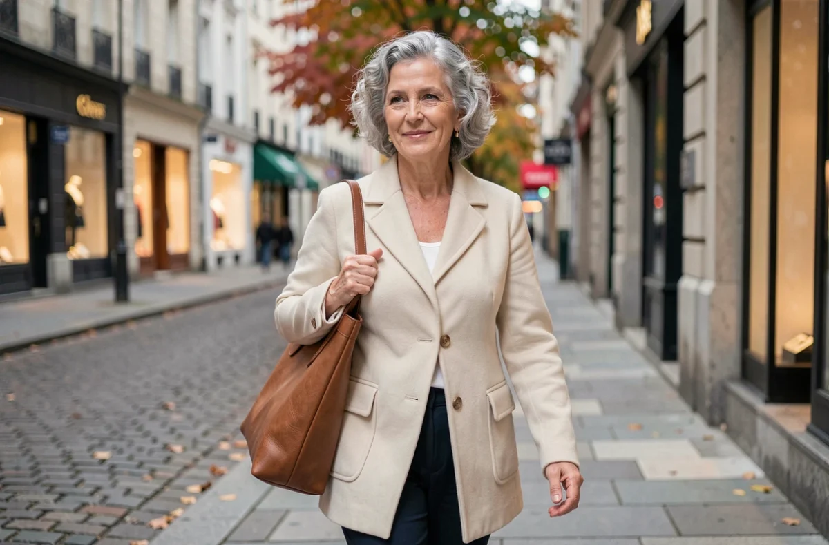 Mannequin senior femme en manteau crème marchant dans une rue urbaine européenne avec allure professionnelle