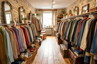 Intérieur d'une friperie vintage en Seine-et-Marne avec des portants de vêtements colorés et une atmosphère chaleureuse