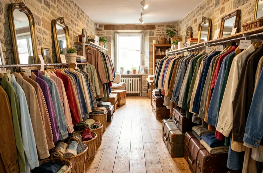 Intérieur d'une friperie vintage en Seine-et-Marne avec des portants de vêtements colorés et une atmosphère chaleureuse