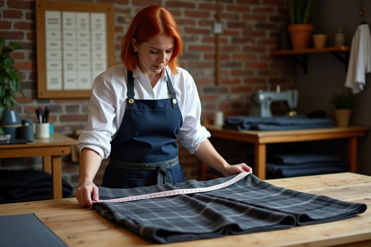 Tailleuse mesurant un kilt irlandais sur une table d'atelier, démontrant les étapes essentielles pour choisir la bonne taille de kilt irlandais