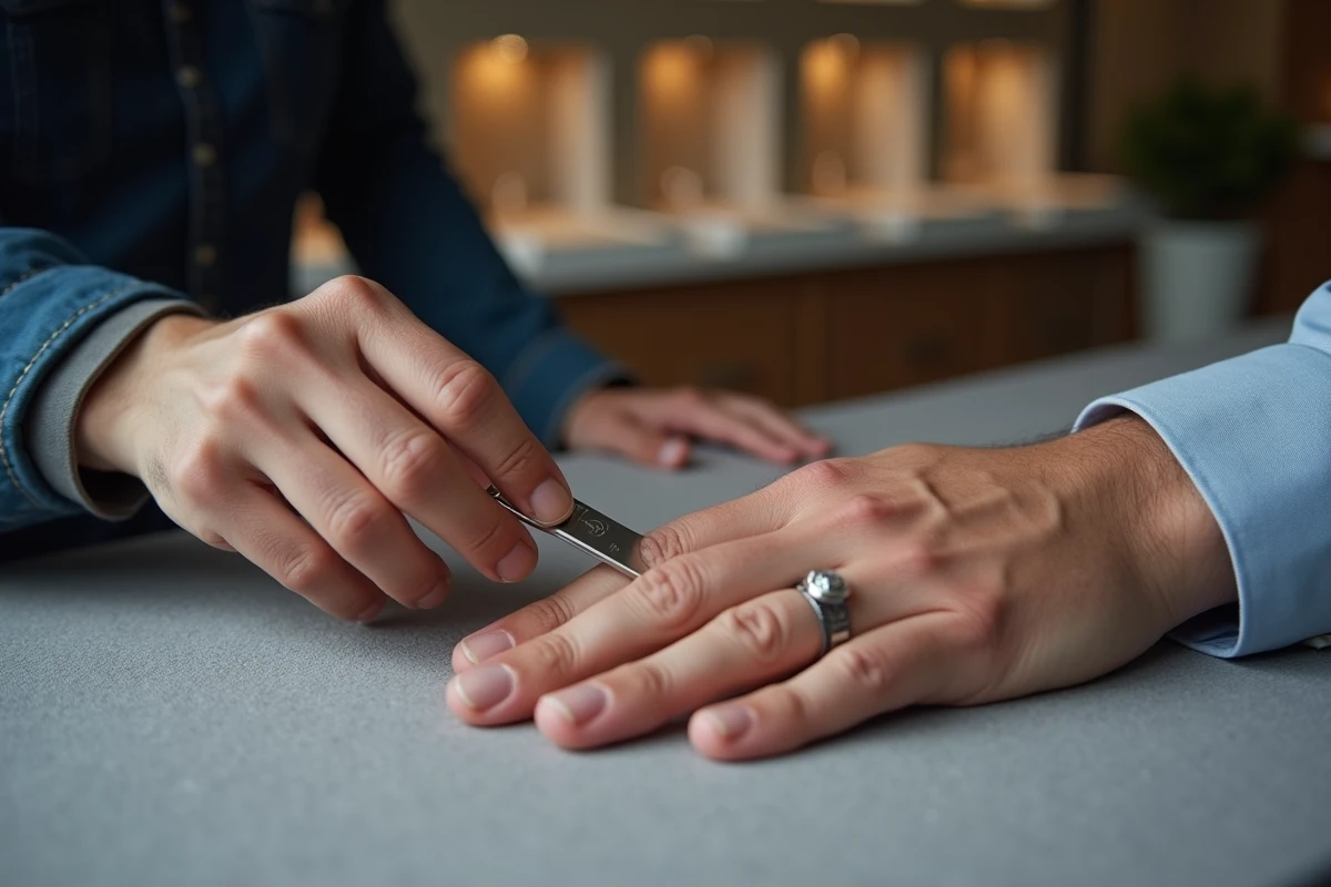 Main masculine aux doigts larges lors d'une mesure professionnelle du tour de doigt chez un bijoutier